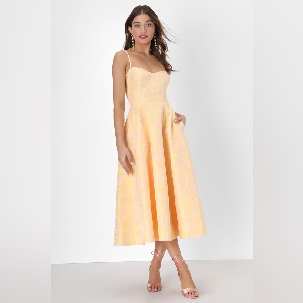 Lulu’s Elegant Yellow Embroidered Midi Dress (never worn with tags)